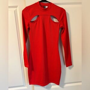 Red Divided bodycon dress with cutout details.